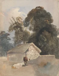 Landschaft mit Kühen und Scheune